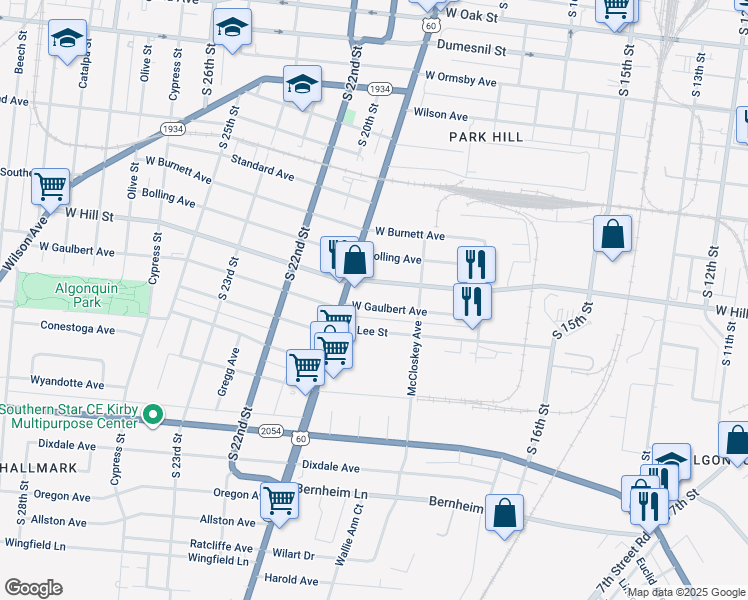 map of restaurants, bars, coffee shops, grocery stores, and more near 1783 West Gaulbert Avenue in Louisville