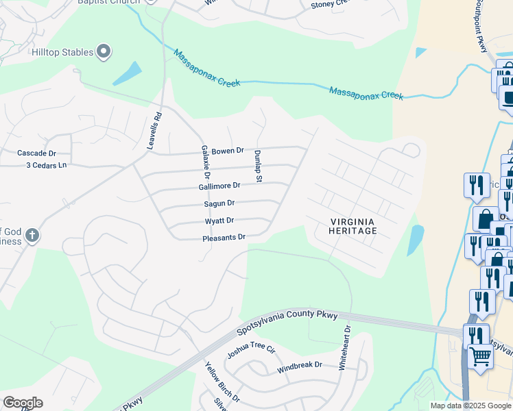 map of restaurants, bars, coffee shops, grocery stores, and more near 218 Sagun Drive in Fredericksburg