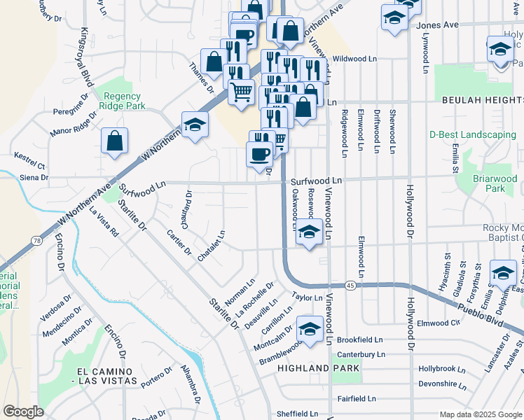 map of restaurants, bars, coffee shops, grocery stores, and more near 2118 Norman Lane in Pueblo