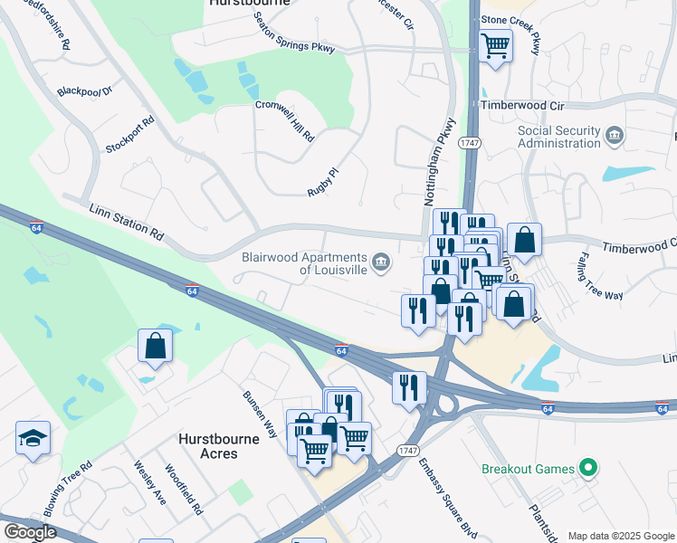 map of restaurants, bars, coffee shops, grocery stores, and more near 9203 Woodhurst Court in Louisville