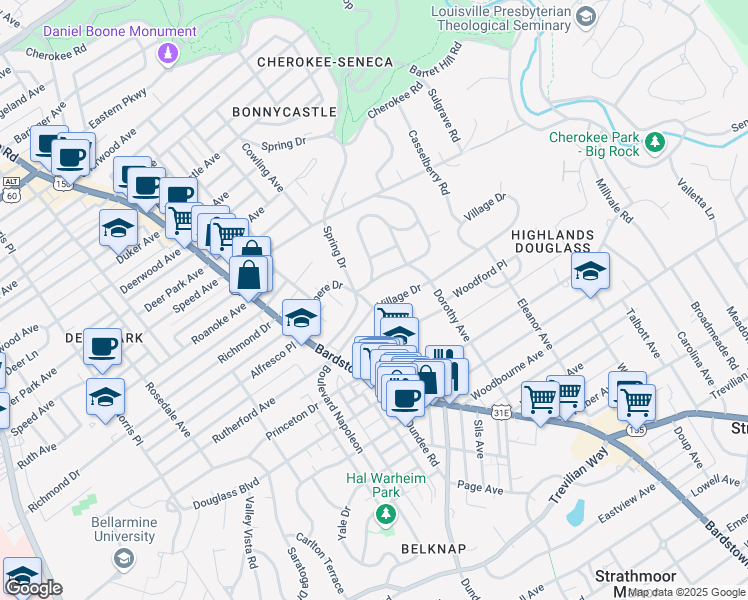 map of restaurants, bars, coffee shops, grocery stores, and more near in Louisville