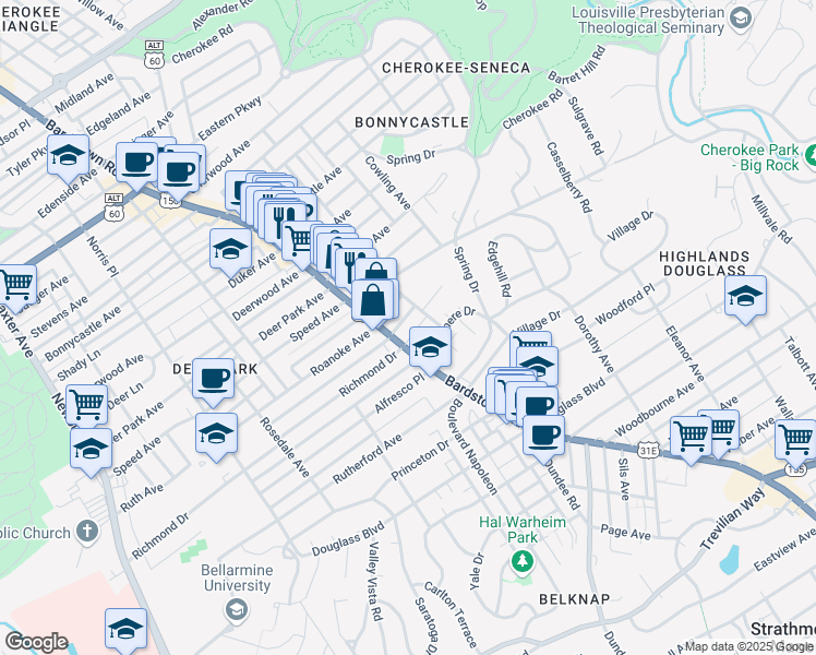 map of restaurants, bars, coffee shops, grocery stores, and more near 1823 Bardstown Road in Louisville