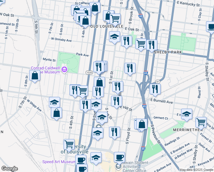 map of restaurants, bars, coffee shops, grocery stores, and more near 1431 South 1st Street in Louisville