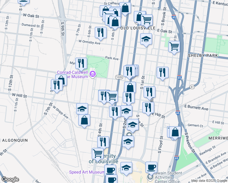 map of restaurants, bars, coffee shops, grocery stores, and more near 1445 Hill Street in Louisville