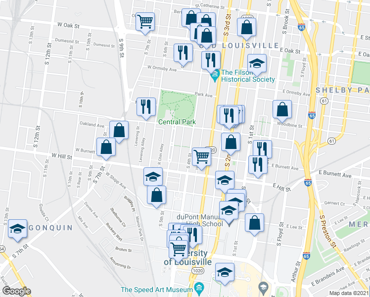 map of restaurants, bars, coffee shops, grocery stores, and more near 414 Fountain Court in Louisville