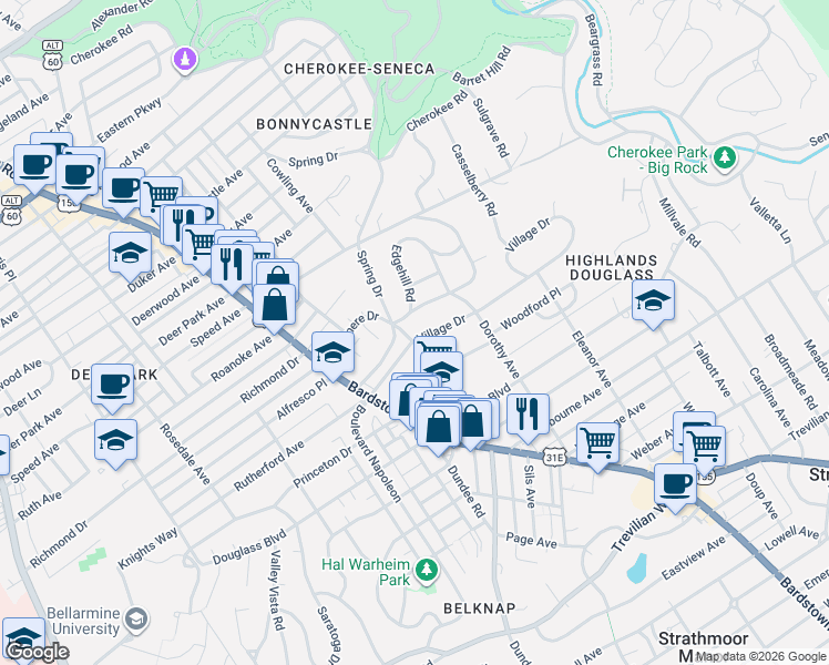 map of restaurants, bars, coffee shops, grocery stores, and more near in Louisville