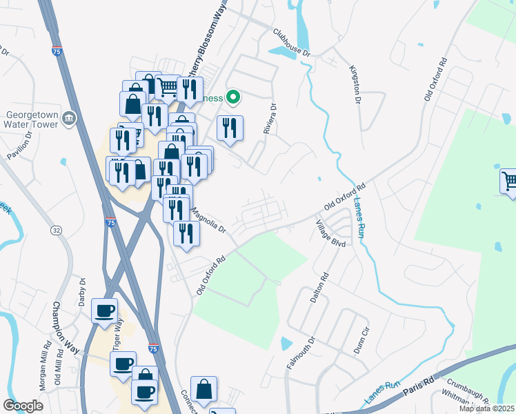 map of restaurants, bars, coffee shops, grocery stores, and more near Iron Loop Path in Georgetown