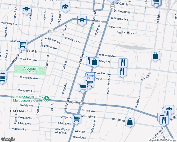 map of restaurants, bars, coffee shops, grocery stores, and more near 1520 Dixie Highway in Louisville