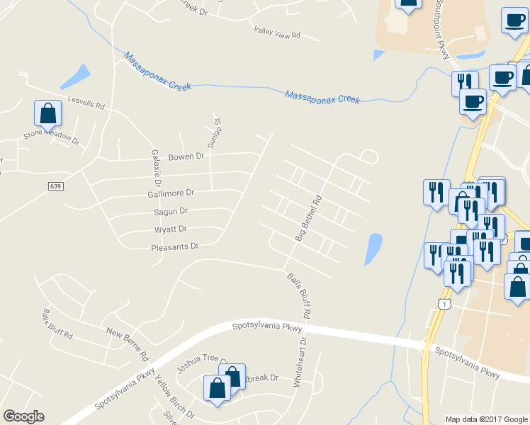 map of restaurants, bars, coffee shops, grocery stores, and more near 5522 West Rich Mountain Way in Fredericksburg