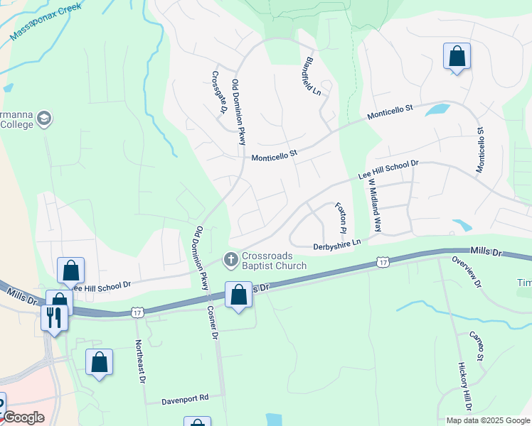 map of restaurants, bars, coffee shops, grocery stores, and more near 9105 Ballybunion Drive in Fredericksburg