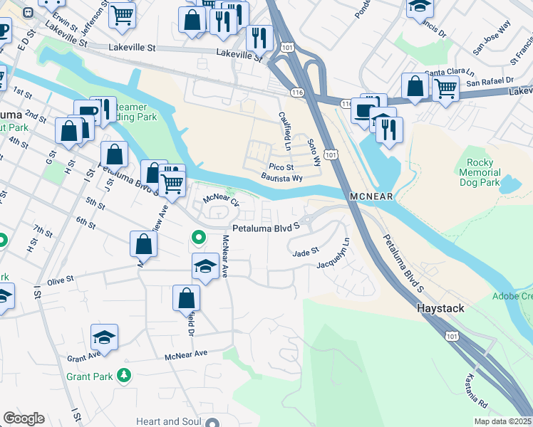 map of restaurants, bars, coffee shops, grocery stores, and more near 1473 Petaluma Boulevard South in Petaluma