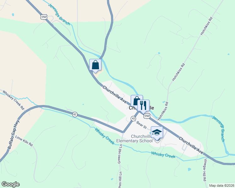 map of restaurants, bars, coffee shops, grocery stores, and more near Churchville Road in Churchville