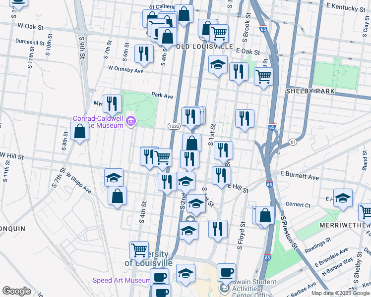 map of restaurants, bars, coffee shops, grocery stores, and more near 1435 South 2nd Street in Louisville