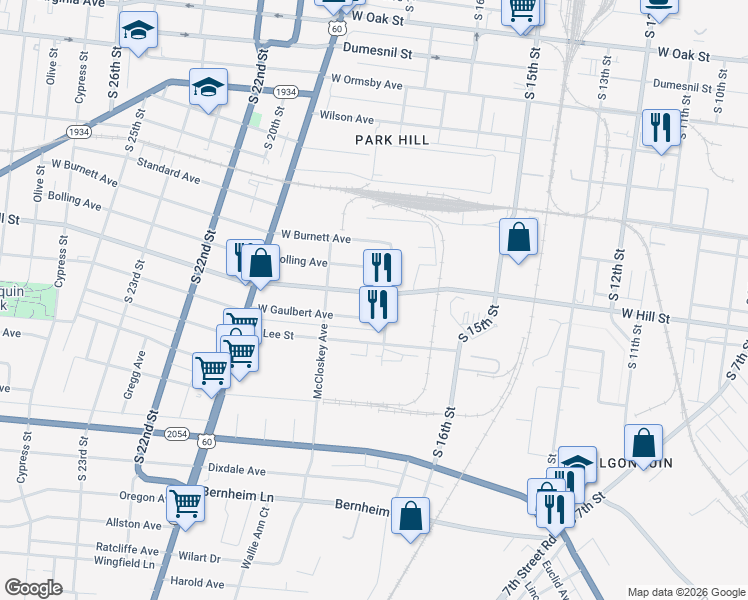 map of restaurants, bars, coffee shops, grocery stores, and more near in Louisville