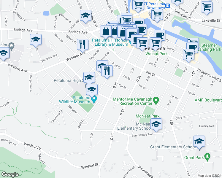map of restaurants, bars, coffee shops, grocery stores, and more near 810 B Street in Petaluma