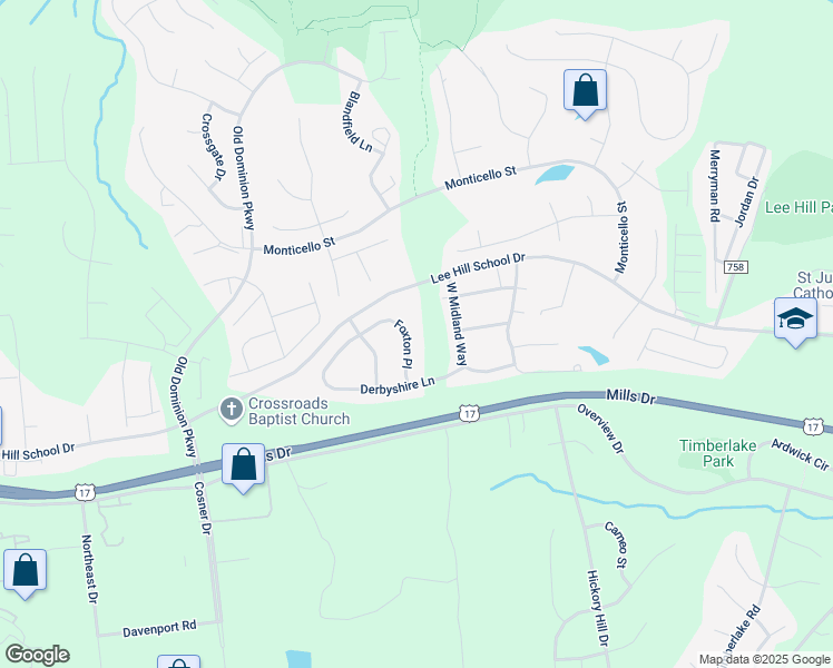 map of restaurants, bars, coffee shops, grocery stores, and more near 9811 Foxton Place in Fredericksburg
