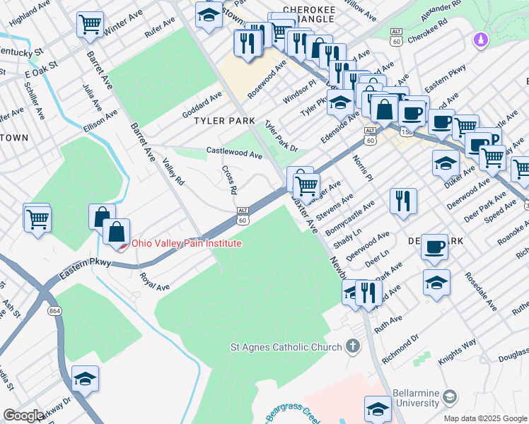 map of restaurants, bars, coffee shops, grocery stores, and more near 1404 Eastern Parkway in Louisville