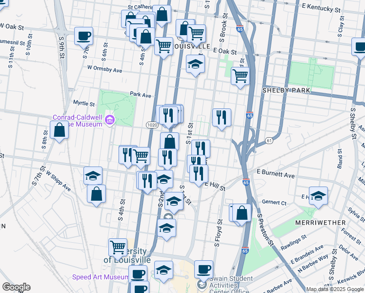 map of restaurants, bars, coffee shops, grocery stores, and more near 1431 South 1st Street in Louisville