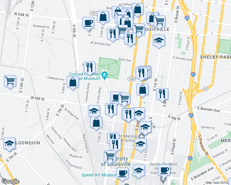 map of restaurants, bars, coffee shops, grocery stores, and more near 414 Fountain Court in Louisville