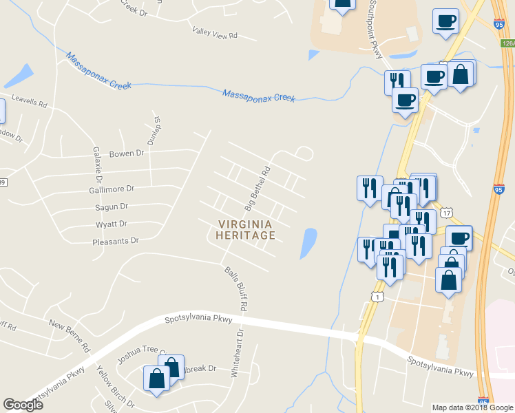 map of restaurants, bars, coffee shops, grocery stores, and more near 5623 East Kesslers Crossing in Fredericksburg