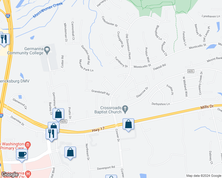 map of restaurants, bars, coffee shops, grocery stores, and more near 9907 Dominion Forest Circle in Fredericksburg