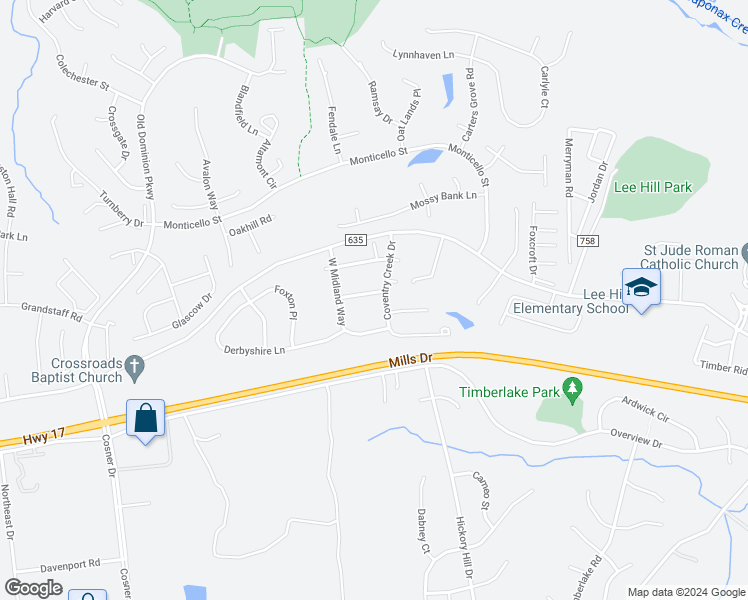 map of restaurants, bars, coffee shops, grocery stores, and more near 4004 Canopy Way in Fredericksburg