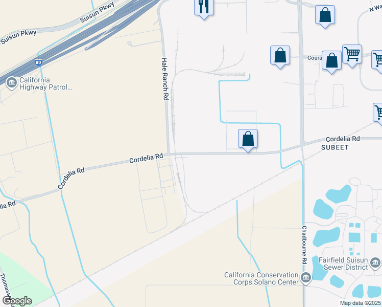 map of restaurants, bars, coffee shops, grocery stores, and more near 2818 Cordelia Road in Fairfield