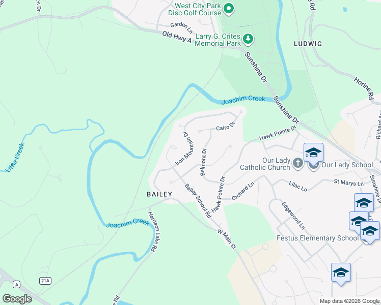 map of restaurants, bars, coffee shops, grocery stores, and more near 1925 Iron Mountain Drive in Festus