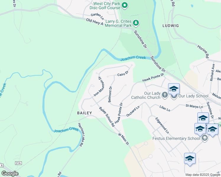 map of restaurants, bars, coffee shops, grocery stores, and more near 2009 Belmont Drive in Festus