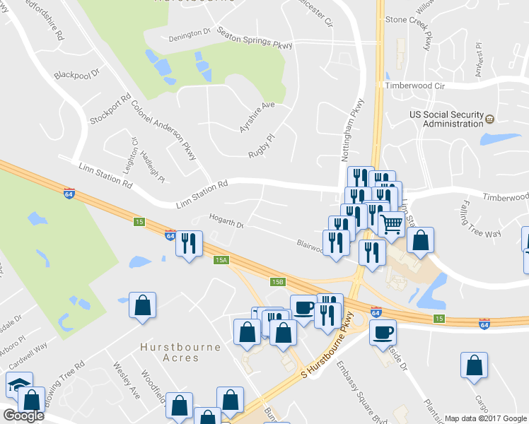 map of restaurants, bars, coffee shops, grocery stores, and more near 9203 Woodhurst Court in Louisville