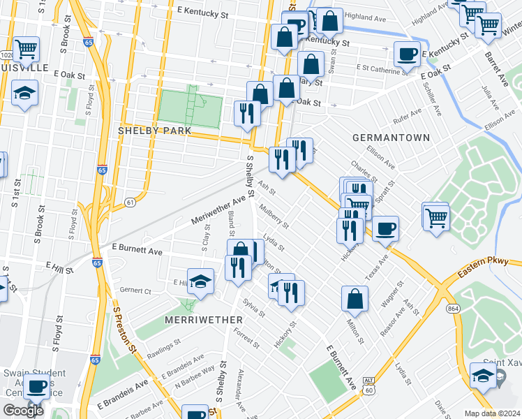 map of restaurants, bars, coffee shops, grocery stores, and more near 814 Mulberry Street in Louisville