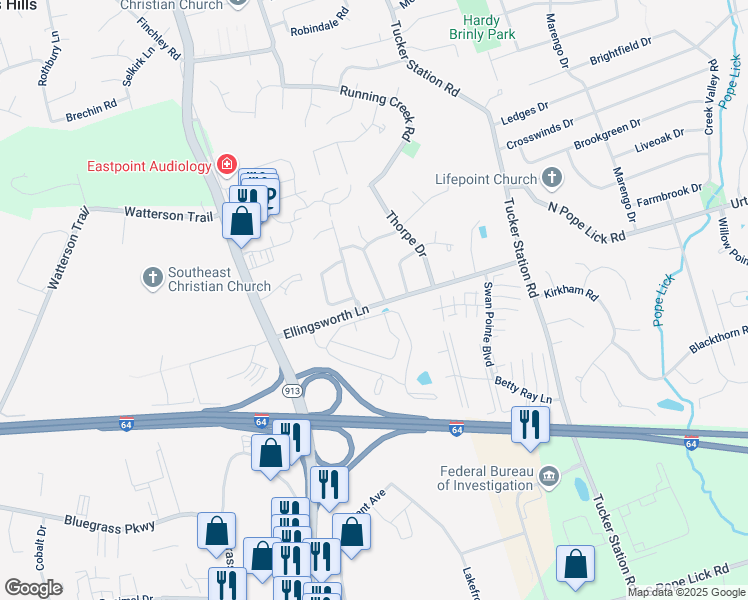 map of restaurants, bars, coffee shops, grocery stores, and more near 11937 Ellingsworth Lane in Louisville