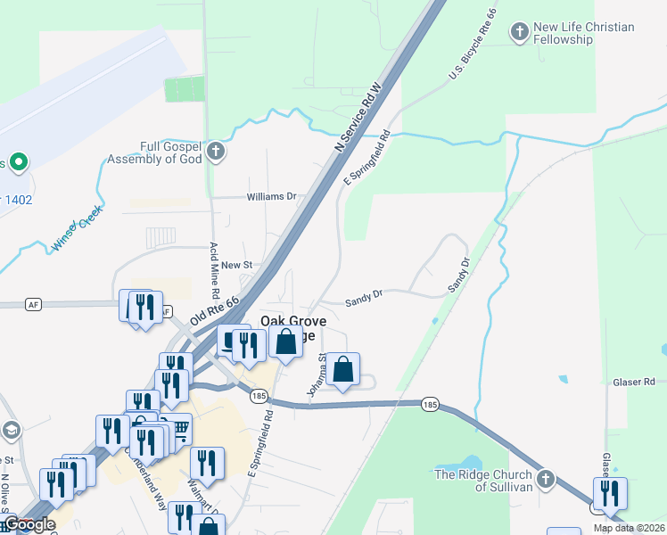 map of restaurants, bars, coffee shops, grocery stores, and more near 1019 East Springfield Road in Sullivan