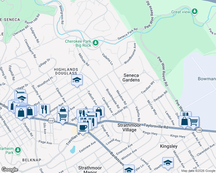map of restaurants, bars, coffee shops, grocery stores, and more near 2328 Broadmeade Road in Louisville