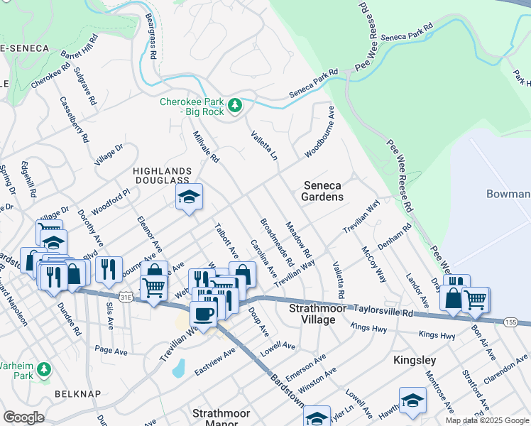 map of restaurants, bars, coffee shops, grocery stores, and more near 2328 Broadmeade Road in Louisville