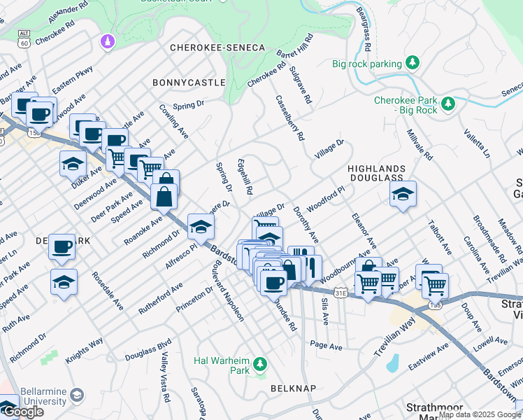 map of restaurants, bars, coffee shops, grocery stores, and more near 2114 Village Drive in Louisville