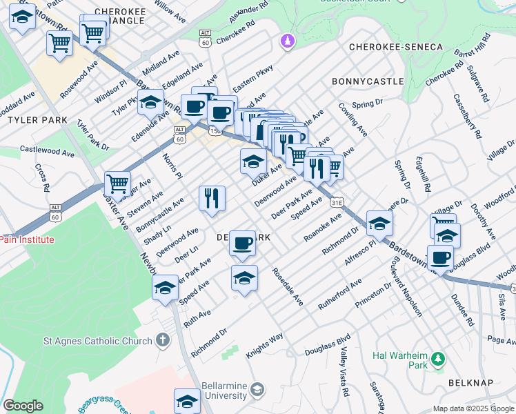 map of restaurants, bars, coffee shops, grocery stores, and more near 1736 Fernwood Avenue in Louisville