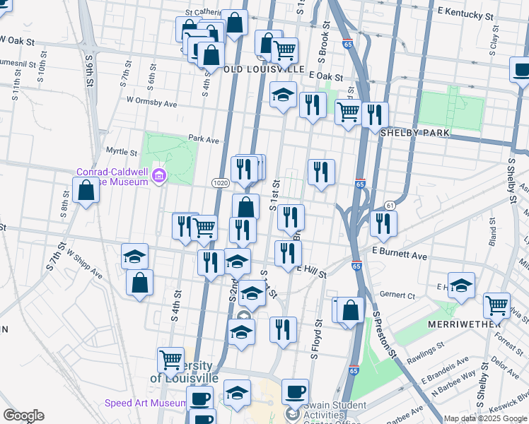 map of restaurants, bars, coffee shops, grocery stores, and more near 1431 South 1st Street in Louisville