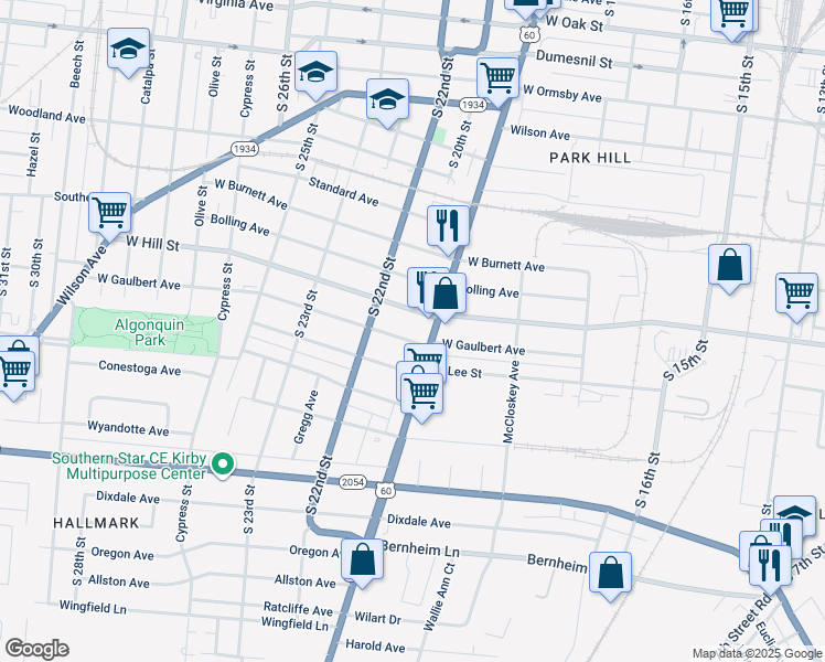map of restaurants, bars, coffee shops, grocery stores, and more near 1520 Dixie Highway in Louisville