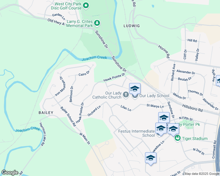 map of restaurants, bars, coffee shops, grocery stores, and more near 413 Deer Crossing Drive in Festus