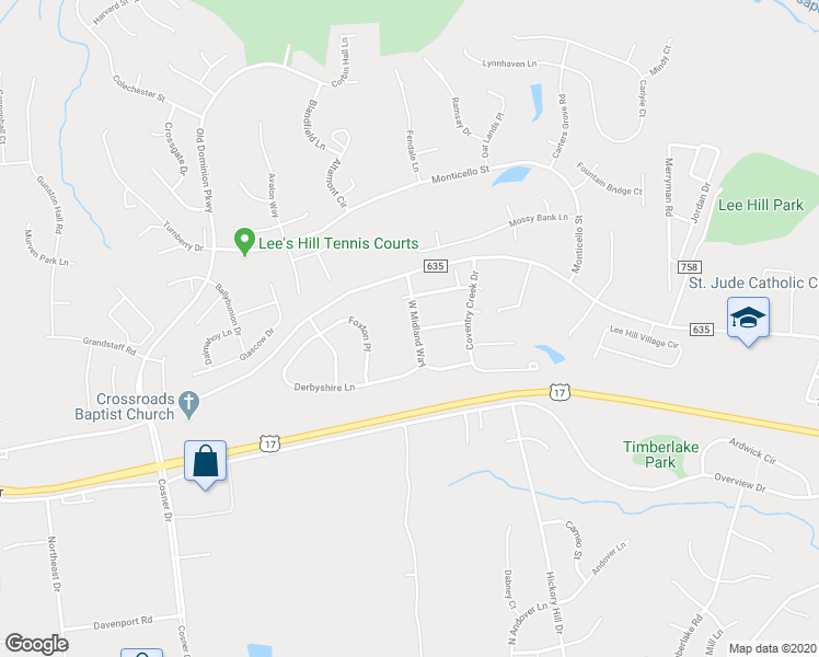 map of restaurants, bars, coffee shops, grocery stores, and more near 9904 West Midland Way in Fredericksburg