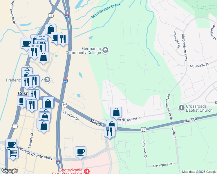 map of restaurants, bars, coffee shops, grocery stores, and more near 9929 Matti Hill Court in Fredericksburg