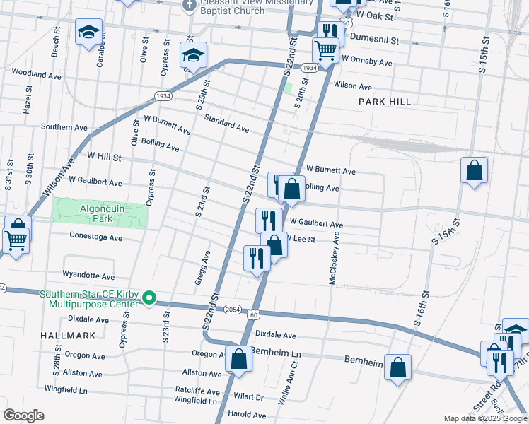 map of restaurants, bars, coffee shops, grocery stores, and more near 1830 West Gaulbert Avenue in Louisville