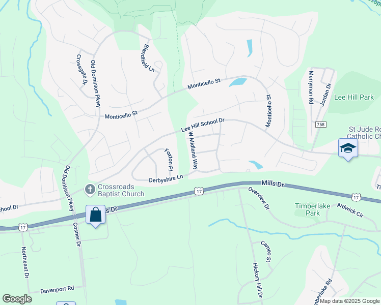 map of restaurants, bars, coffee shops, grocery stores, and more near 9904 West Midland Way in Fredericksburg