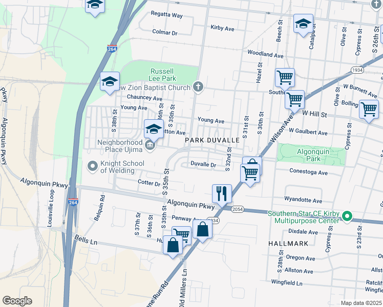 map of restaurants, bars, coffee shops, grocery stores, and more near 3318 Doctor William G Weathers Drive in Louisville