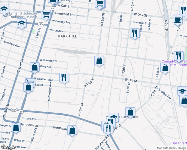 map of restaurants, bars, coffee shops, grocery stores, and more near West Hill Street in Louisville