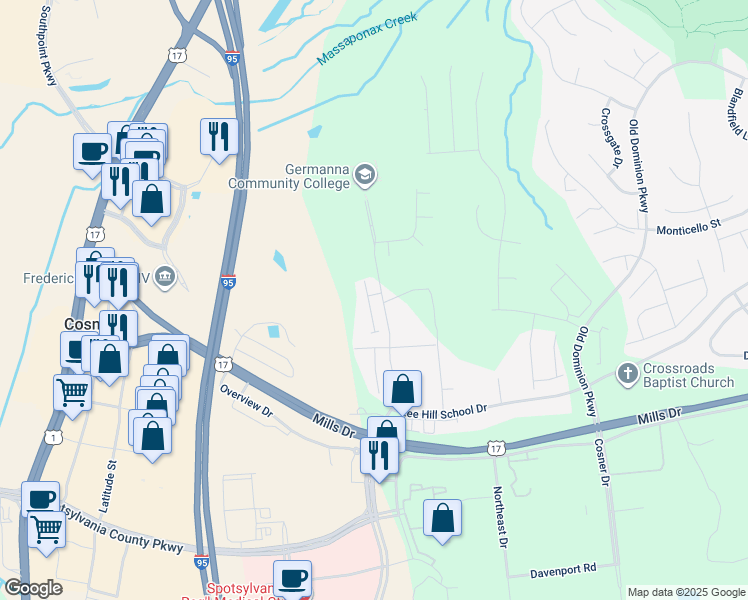 map of restaurants, bars, coffee shops, grocery stores, and more near 9931 Matti Hill Court in Fredericksburg