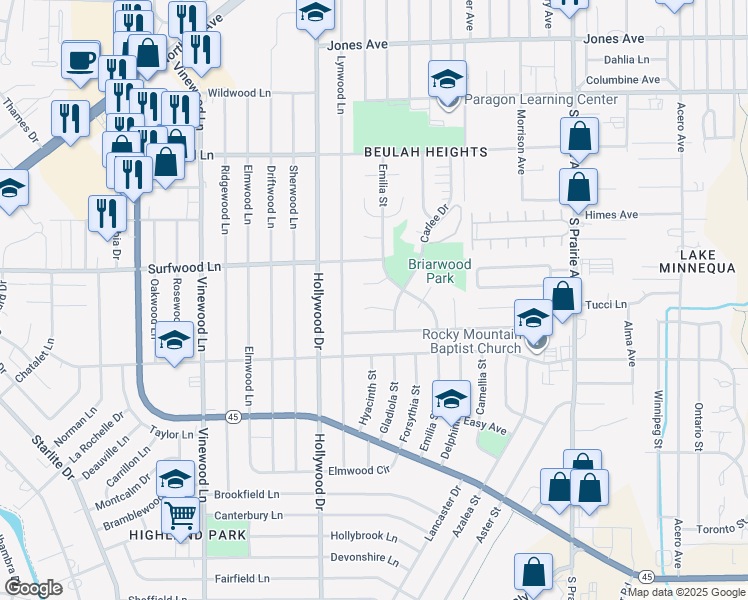 map of restaurants, bars, coffee shops, grocery stores, and more near 3533 White Pine Court in Pueblo