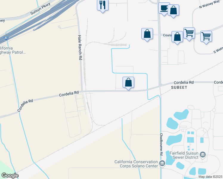 map of restaurants, bars, coffee shops, grocery stores, and more near 2818-2864 Cordelia Road in Fairfield