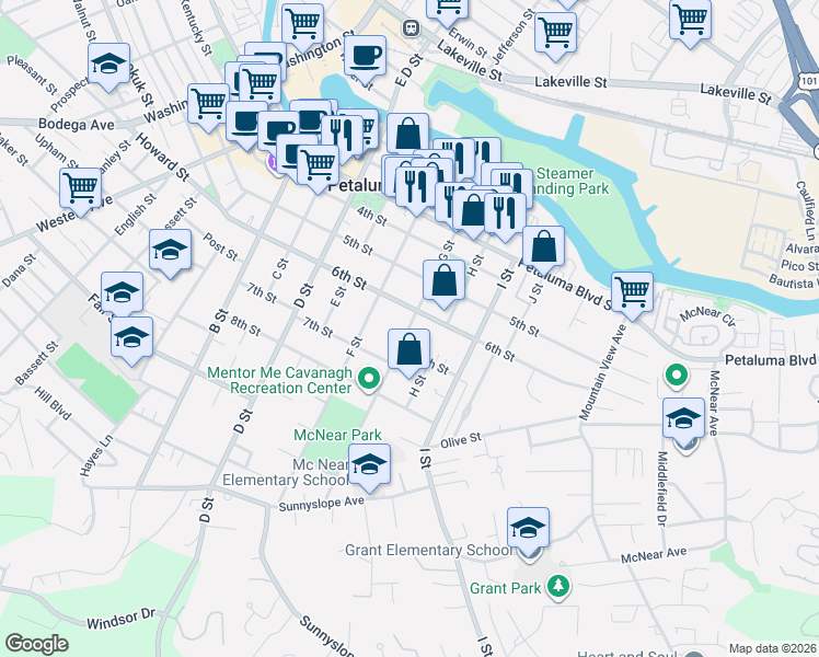 map of restaurants, bars, coffee shops, grocery stores, and more near 415 7th Street in Petaluma